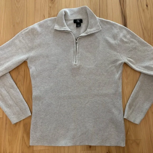 Light Grey Men’s 90s Quarter Zip Sweater 100% Cotton Sz Large, slim fit - Picture 5 of 8